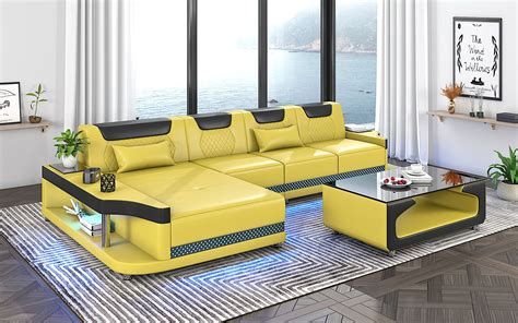 Tate Modern Leather Small Sectional With Led Light Modern Leather