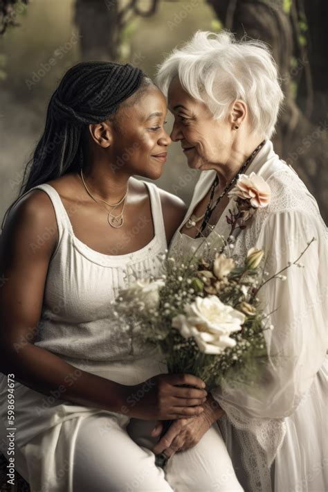 Old Women Lesbian Couple Marrage Black And Caucasian Female Bride In