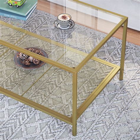 VASAGLE Table basse 106 x 55 x 45 cm avec dessus en verre étagère