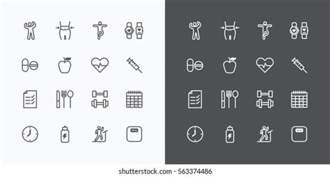 Health Fitness Silhouette Icons Flat Line Stock Vector (Royalty Free ...