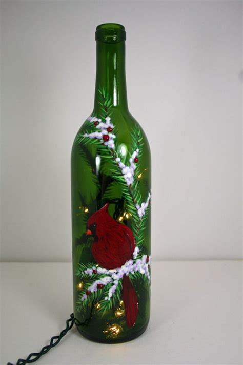 Hand Painted Wine Bottle Light With Cardinal By Shorthenstudio