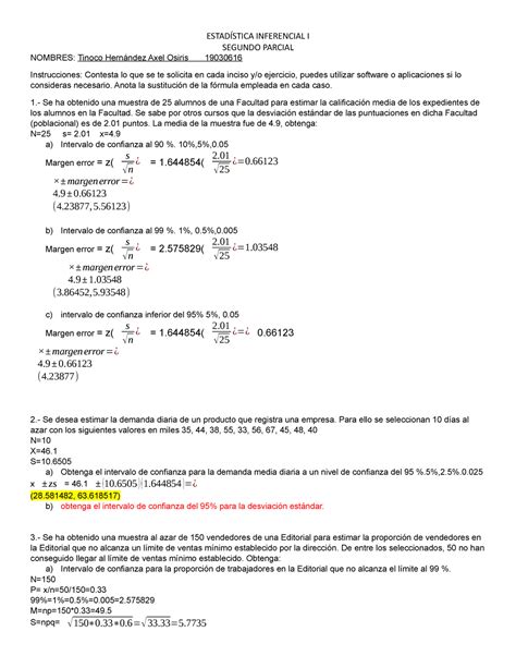 Examen 2do parcial Estadística Inferencial l ESTADÍSTICA INFERENCIAL