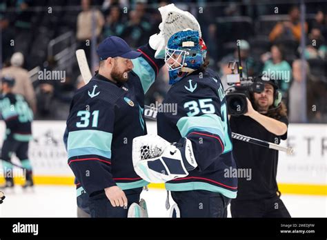 Seattle Kraken Goaltender Joey Daccord 35 Is Congratulated By