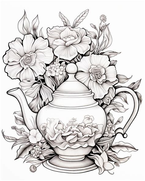 Teapot Coloring Page With Flowers Premium Ai Generated Image