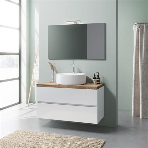 Mobile Bagno Sospeso Cm Bianco Lucido Top Rovere Lavabo A Ciotola Elba