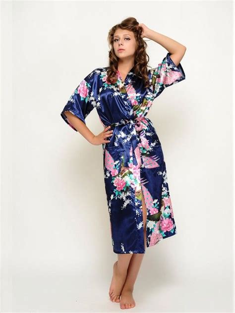 Navy Blue Long Satin Floral Robes Bridesmaid Robes Bride Robes Satin