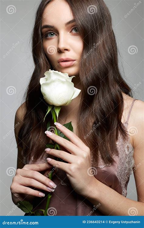 Beautiful Nude Make Up Woman With Flower Stock Photo Image Of Cheerful Glamour
