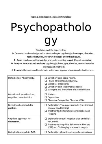 Psychopathology Student Friendly Specification Aqa Paper 1 Teaching