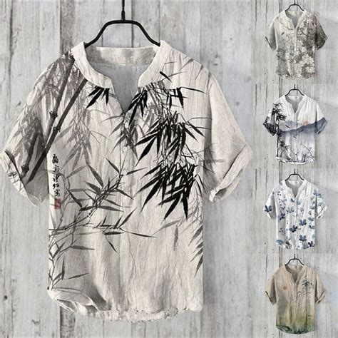 Mens Print Short Sleeve Button V Neck Shirt Tops Tee Holiday Pullover T