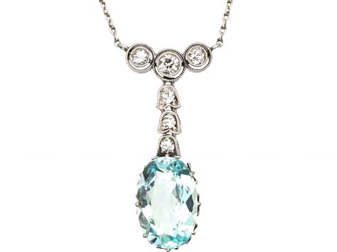 Art Deco Platinum Aquamarine Diamond Pendant On Platinum Chain T