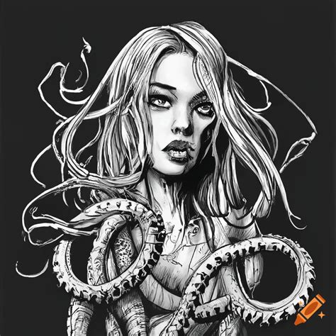 Ink Comic Art Of A Blond Girl With Long Hair Surrounded By Chrome