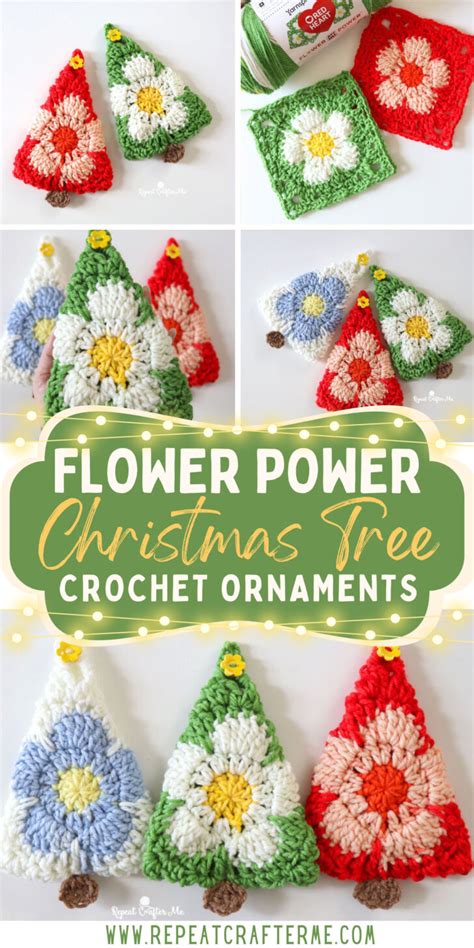 Flower Power Crochet Christmas Tree Ornaments - Repeat Crafter Me