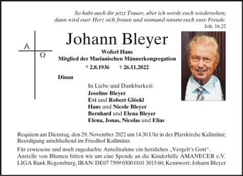 Traueranzeigen Von Johann Bleyer Mittelbayerische Trauer