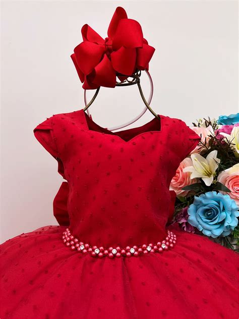 Vestido Infantil Vermelho Luxo Tule Cinto Pérolas Festas Rosa