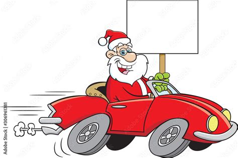 Cartoon Illustration Of Santa Claus Driving A Sports Car While Holding