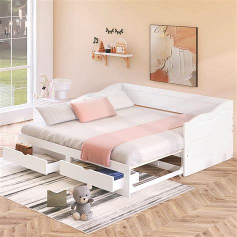 Reviews for GODEER White Wooden Daybed with Trundle Bed and 2-Storage ...