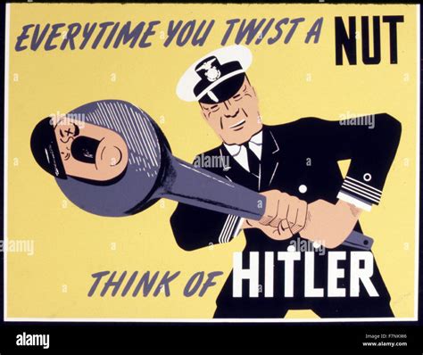 1943 World War II, American propaganda poster: navy officer twisting Hitler's head with a wrench ...