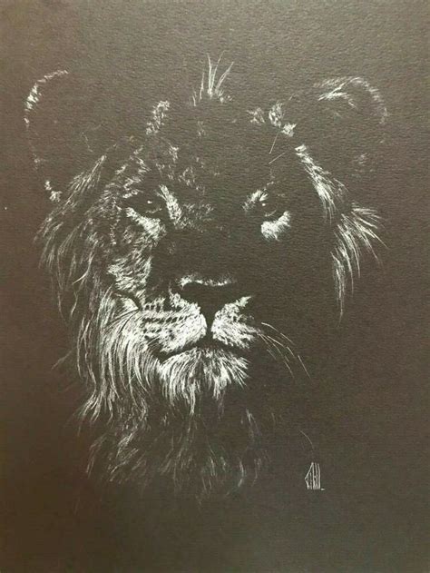 Art Print LION White Ink Etching on Canvas Paper 8x10" T. Hill 100 ...