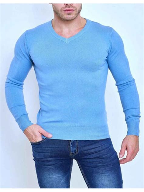 Pull Manches Longues Col V Kebello Bleu Ciel Kiabi