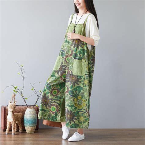 Retro Adjustable Printed Suspenders Colorblock Denim Overalls In 2024