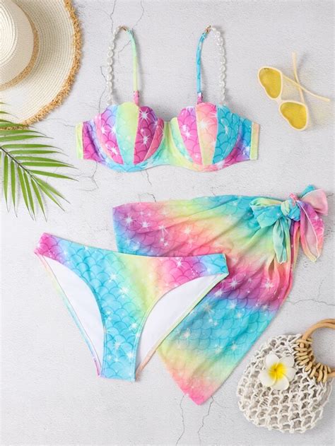 Shein Swim Vcay Ombre Fish Scales Print Bikini Set Scallop Trim Push Up