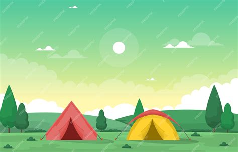 Premium Vector Camping Adventure Outdoor Park Summer Nature Landscape Cartoon Illustration