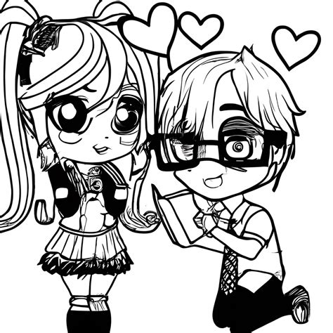 Nerdy Guy In Love With Goth Girl Kawaii Chibi Coloring · Creative Fabrica