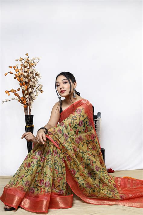 Buy Online Organza Kalamkari Printed Saree With Jacquard Weaving Border