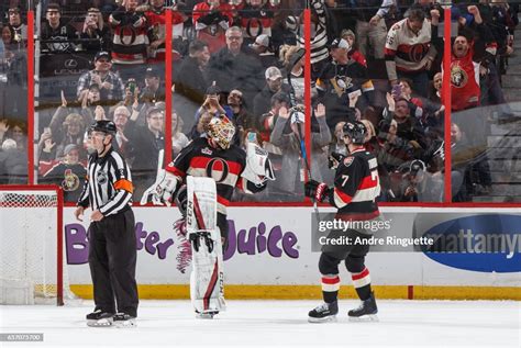 Mike Condon Of The Ottawa Senators Celebrates His Shoot Out Win Over