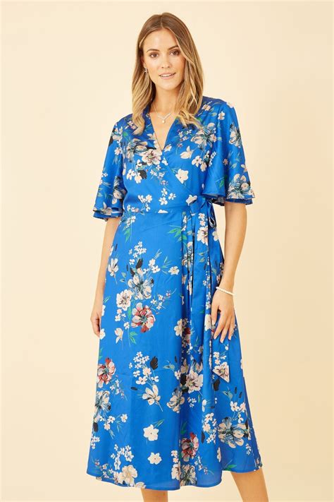 Yumi Blue Floral Satin Wrap Dress Yumi