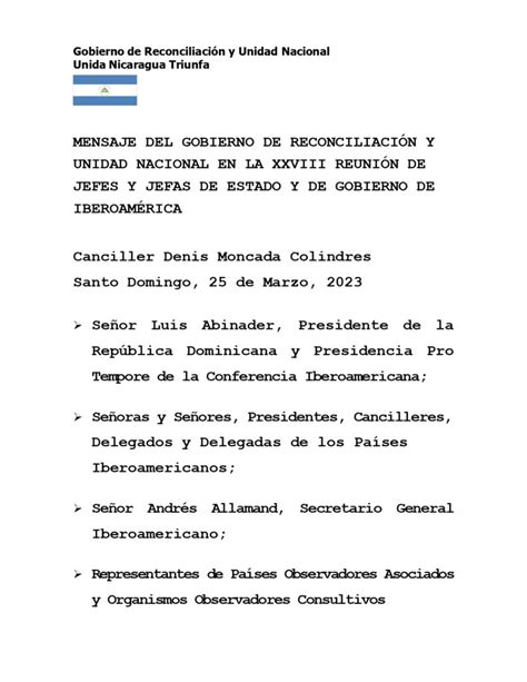 Mensaje Del Gobierno De Nicaragua En La Xxviii Reuni N De Jefes De