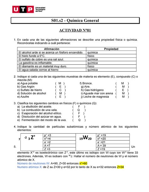 Actividad Nº1 Quimica General S01 Química General Actividad N° En Cada Una De Las