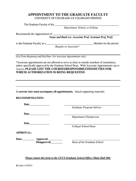 Fillable Online Uccs APPOINTMENT TO THE GRADUATE FACULTY Uccs Fax