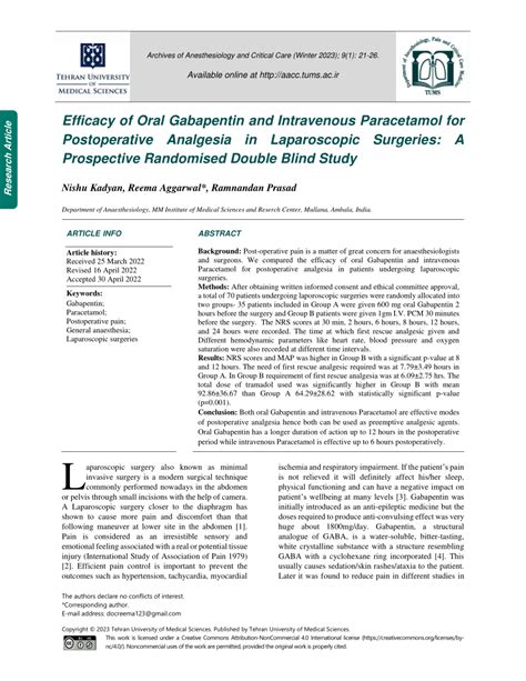 PDF Efficacy Of Oral Gabapentin And Intravenous Paracetamol For