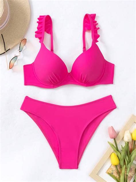 Shein Swim Vcay Ba Ador Bikini Push Up Ribete Con Fruncido Moda De