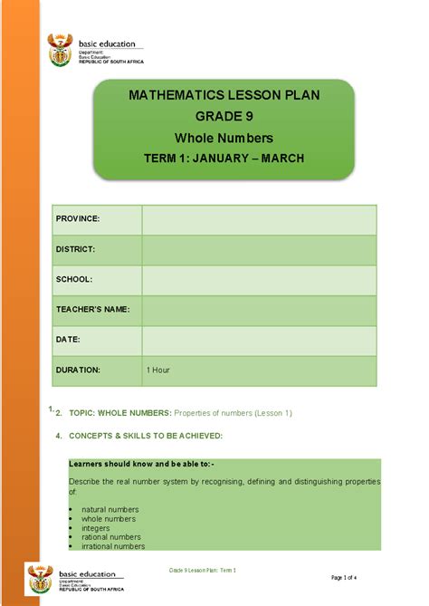 Grade 9 Term 1 Lesson Plans - Grade 9 Lesson Plan: Term 1 ... 