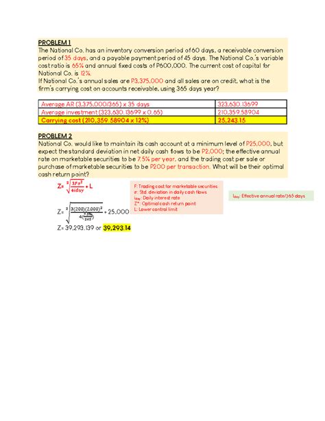 Problem 1 2 Fin Man Problem 1 The National Co Has An Inventory Conversion Period Of 60 Days