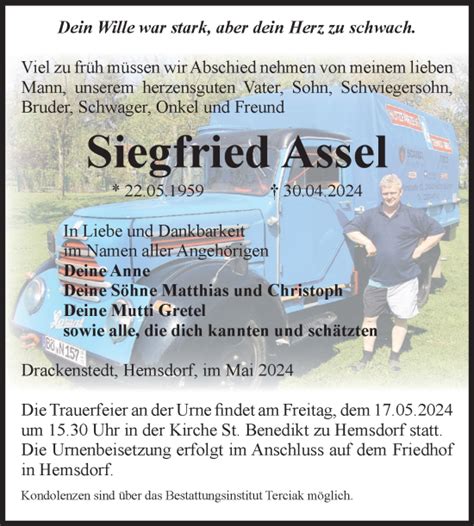 Traueranzeigen Von Siegfried Assel Abschied Nehmen De