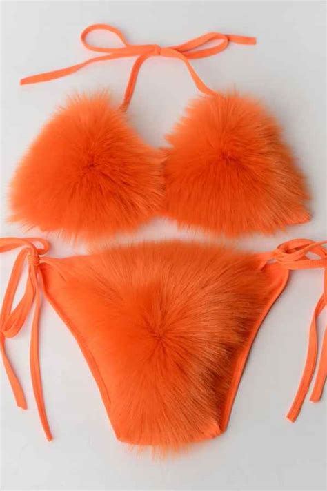 Sexy Fluffy Fur Bikini Swimwear Two Piece Set Reflex Garments