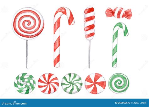 Watercolor Candy Set With Lollipops And Canes Stock Illustration