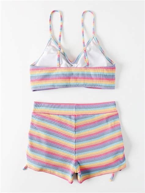 Emmiol Free Shipping Rainbow Striped Ribbed Bikini Set Blue S In