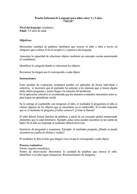 Prueba informal de lenguaje nivel semántico para niños entre 3 y 5 años