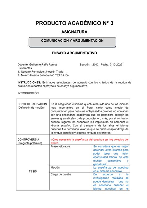 PA3 Comunicación y argumentación Consigna Y Rúbrica PRODUCTO