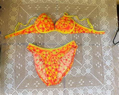 Vintage Nineties Bikini Retro Neon Orange And Yellow Floral Swimsuit