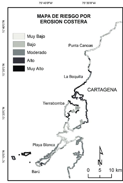 Mapa de riesgo por erosión costera para la línea de costa del área de