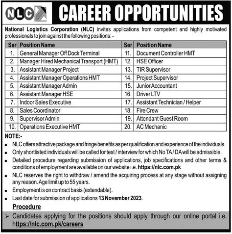 National Logistics Cell Nlc Management Jobs Job Advertisement