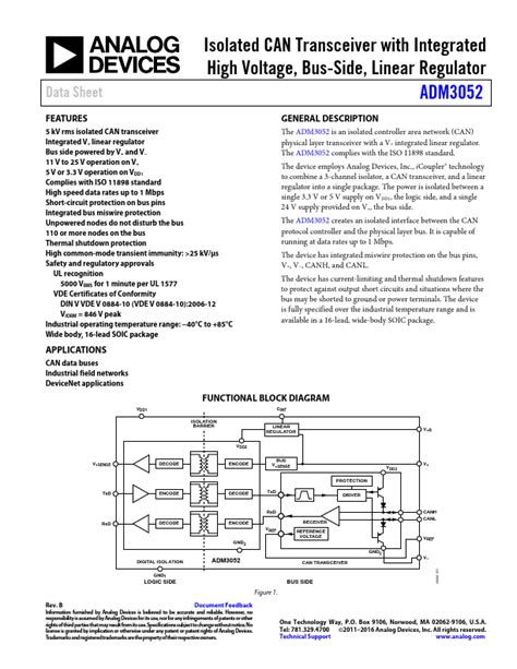 Adm3052 Analog Devices Transceiver Hoja De Datos Ficha Técnica