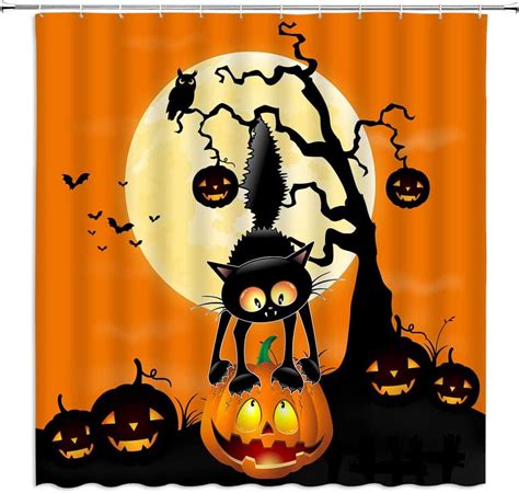 Funny Halloween Shower Curtain Cartoon Black Cat Pumpkin Halloween