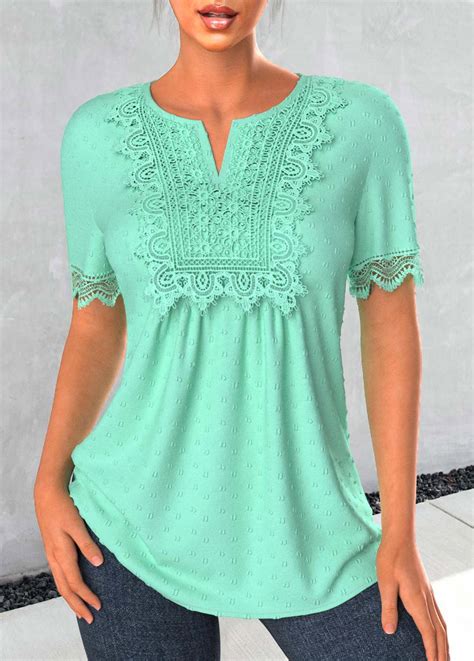 Rotita Patchwork Mint Green Split Neck Short Sleeve Blouse Rotita