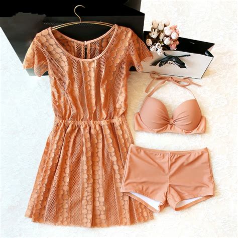 Swimsuit Girl Bikinis Three Piece Female New Lace Small Chest Sexy Gather Hot Spring In